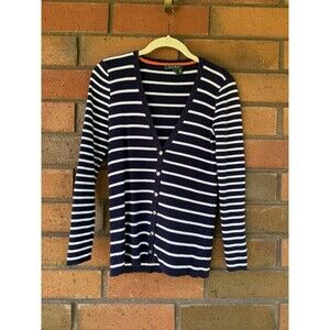 Lauren‎ Ralph Lauren Women Cardigan Sweater Navy/White XS Striped Cotton Blend